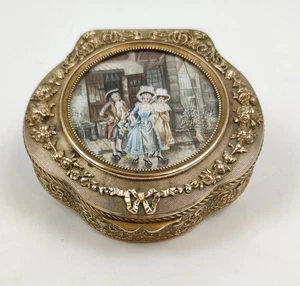 echte Antiquität schwere Messing Dose m Miniatur Gemälde sign Rokoko Galan Damen - Bild 1 von 15