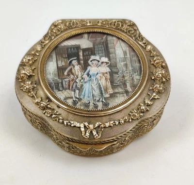 echte Antiquität schwere Messing Dose m Miniatur Gemälde sign Rokoko Galan Damen - Bild 1 von 4