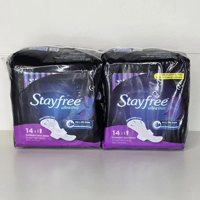 2- Almohadillas ultrafinas Stayfree forros 14 unidades durante la noche con alas NUEVO Foto 1 de 4