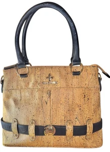 Queork Cork Tote Satchel Bag Purse Black Trim Pockets Eco Friendly Vegan - Picture 1 of 8