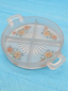 Mayfair Frosted Satin Relish Divided Dish Bowl w Floral Bottom**51-11 - Picture 1 of 6