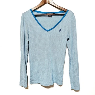 Top deportivo tejido Ralph Lauren para mujer talla L cuello en V azul a rayas preppy informal  Foto 1 de 4
