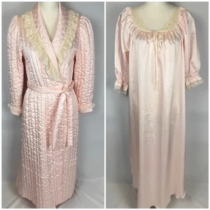 Vintage Miss Elaine Satin Robe Nightgown Set 1960s Lace Pockets Housecoat Small - Picture 1 of 16