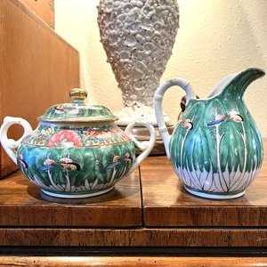 Chinesisches Bok Choy Schmetterling Zucker Milchkännchen Set Porzellan handbemalt Hongkong - Bild 1 von 15