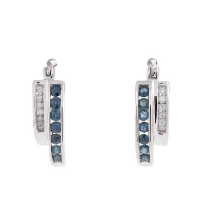 Pendientes tipo argolla de diamantes de zafiro de oro blanco de 14 quilates 0,54 CTW 0,70" para dama Estate Foto 1 de 4