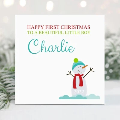 Personalised Handmade 1st Christmas Card For Little Boys First Xmas Snowman Cute - Image 1 of 3