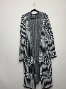 Womens Joseph A Long Maxi Cardigan Size Large Houndstooth Pockets Stretch Knit - Picture 1 of 5