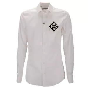 DOLCE & GABBANA GOLD Cotton Shirt DG Logo Patch White Black 12556 - Picture 1 of 4