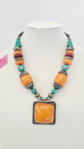 Designer Bajalia ethnische riesige klobige orange Bernstein Harz Türkis Messing Halskette - Bild 1 von 14