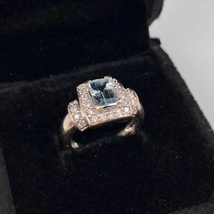 EFFY BITA 14k Diamond & Emerald-Cut Aquamarine White Gold Halo Ring Size 4 - Picture 1 of 8