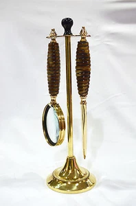 Decorative Brass Magnifying Glass & Letter Opener on Stand Desk Top - Set of 2 - Picture 1 of 5