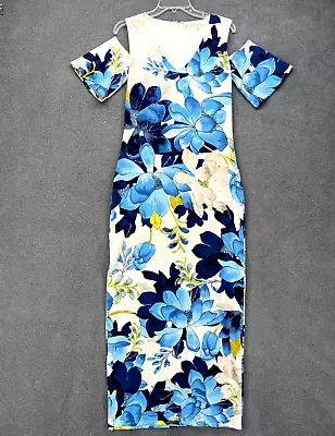 Vestido Rachel Rachel Roy Mediano Azul Blanco Floral Maxi Cuello en V Hombro Frío Foto 1 de 4