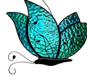 TURQUOISE AQUA TEXTURED BUTTERFLY Authentic Australian Stained Glass SUNCATCHER - Picture 1 of 24