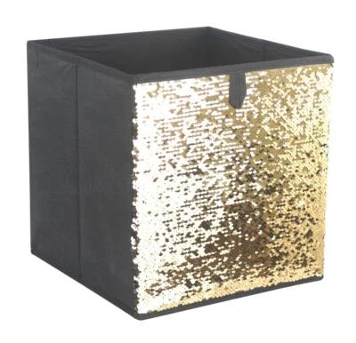 3 X FOLDABLE GOLD SEQUIN CANVAS STORAGE COLLAPSIBLE FOLDING BOX FABRIC CUBE TOY - Image 1 of 3