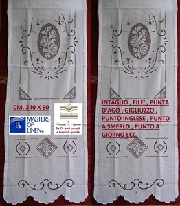 2 Tende lino ricamo a mano filè intaglio gigliuzzo ecc cm. 240 x 60 bianco - Foto 1 di 10