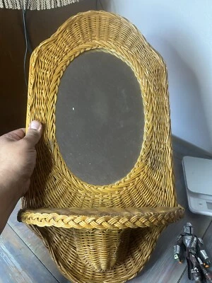 Vintage Natural Wicker Wall Mirror with Shelf Coastal Decor Made In Hong Kong - Image 1 of 4