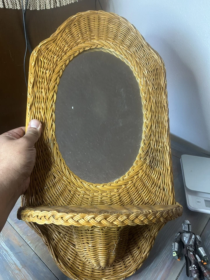 Vintage Natural Wicker Wall Mirror with Shelf Coastal Decor Made In Hong Kong - Image 1 of 4