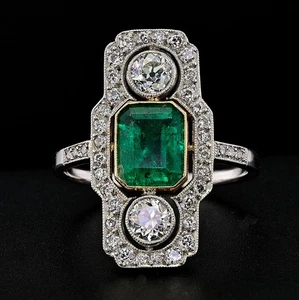 Anillo Halo Geométrico Antiguo Art Deco Diamante Esmeralda Cóctel Declaración De Colección - Imagen 1 de 5