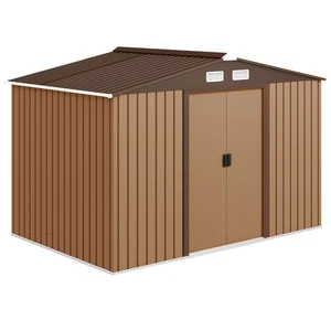 Outsunny 9 x 6FT Galvanised Garden Storage Shed w/Sliding Door, Light Brown - Picture 1 of 11