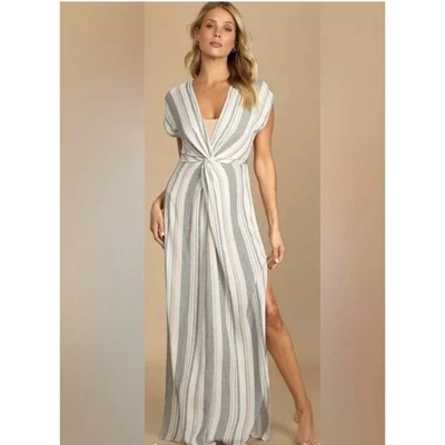 Lulus Women's Striped Maxi Dress Large Twist Front and Side Slit Swim Cover - Image 1 of 4