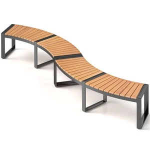 Outdoor Curved Bench Set of 2 Acacia Wood Firepit Bench with Metal Frame - Picture 1 of 6
