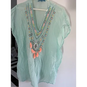 Blue Island Womens M Top Cover Up Gauze Beads  V Neck Beach Boho Hippie - Bild 1 von 4