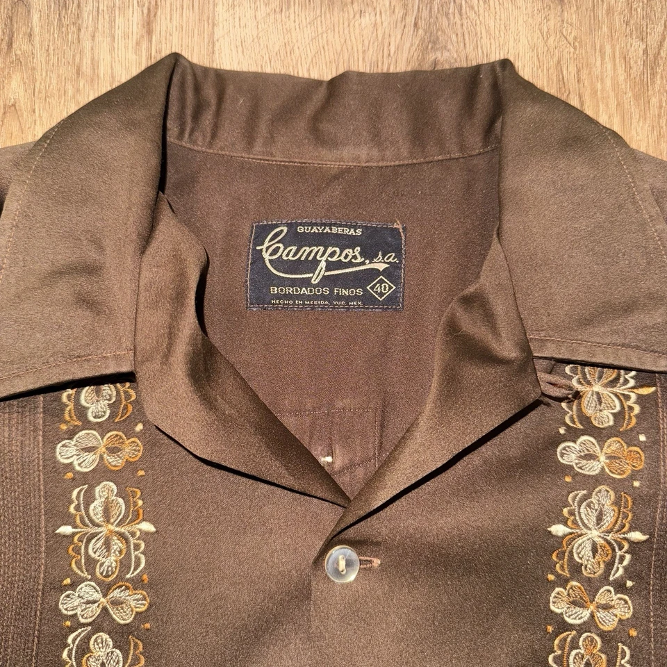 Vtg 60s 70s Guayabera Shirt Loop Collar Polyester Wedding Disco Medium Mens 40 - Image 1 of 4