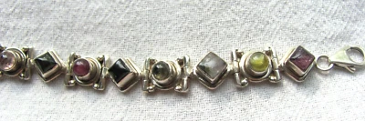 纯银多色粉色绿色碧玺 6.5-7.5 英寸手链 24.1 克 — 第 1/4 张图片