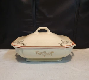RARE! Vintage Homer Laughlin Century Covered Casserole Gold Wreath & Red Stripe - Picture 1 of 21