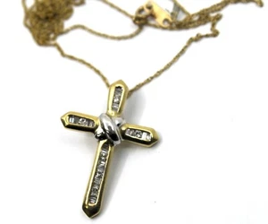 10k Solid Yellow Gold Baguette Diamond Cross Pendant Necklace 18"in Long - Picture 1 of 12