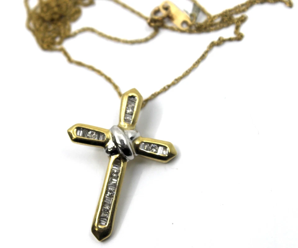 Collar Colgante Cruz Diamante Baguette Oro Amarillo Sólido 10k 18" pulgadas Largo Foto 1 de 4