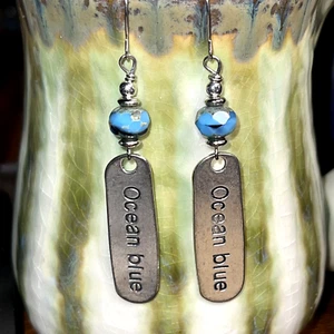 Engraved Silver Tone Ocean Blue Charm Dangle Earrings. Sea. Sailing. S722 - Picture 1 of 3