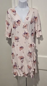 ELODIE Knee Length Pink Floral Wrap Around Ruffled Trim Cottage Core Dress XL - Picture 1 of 12