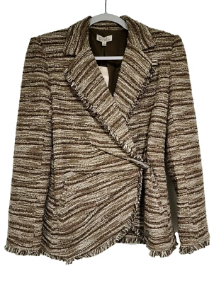 Chaqueta de tweed Badgley Mischka para mujer marrón flecos asimétricos lavables talla XS nueva con etiquetas Foto 1 de 4
