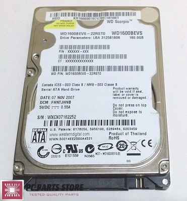 Western Digital 160GB 2.5 WD1600BEVS-22RST0 2061-701450-Z00 AG FOR PARTS/REPAIR - Image 1 of 4