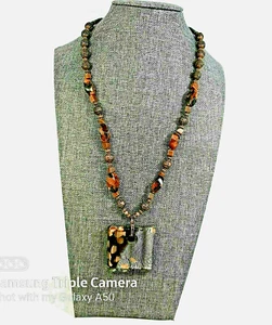 Artisan Handcrafted Beaded Necklace Sunstone Copper tone Beads & Glass Pendant - Picture 1 of 10