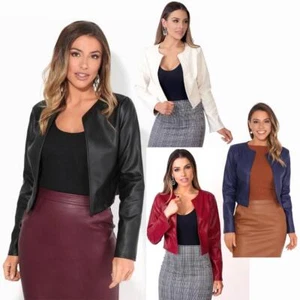 Womens Ladies PU Leather Biker Jacket Open Bolero Short Coat Shrug Cropped Top - Picture 1 of 31