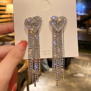 Gorgeous Crystal Tassel Heart Earrings Stud Drop Dangle Women Wedding Jewelry