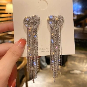 Gorgeous Crystal Tassel Heart Earrings Stud Drop Dangle Women Wedding Jewelry - Picture 1 of 5
