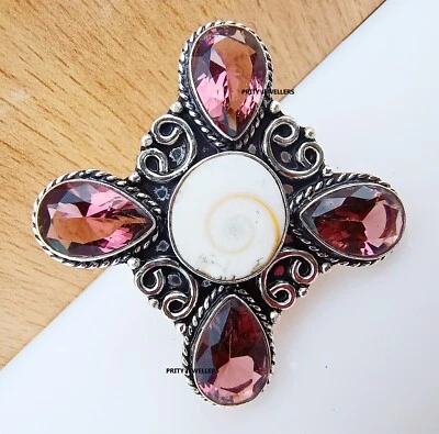 Natural Shiva Eye With Pink Tourmaline Silver Plated Ring, All Size Available - Image 1 of 4