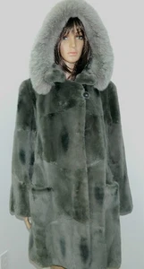 GREEN OLIVE SHEARED MUSKRAT FUR HOODED COAT FOX TRIM  Sz.XL v5 - Picture 1 of 6