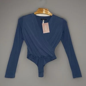NEW Honey+Lemon Womens Bodysuit Small Modern Navy Blue Long Sleeve Deep V Neck - Picture 1 of 10