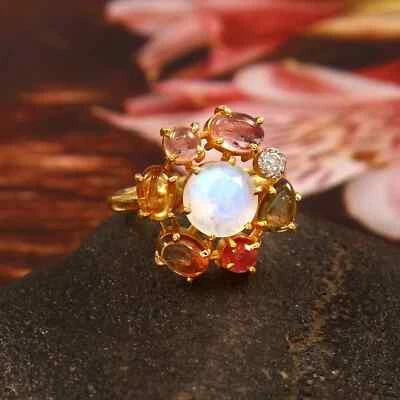 Natural Moonstone & Multi Tourmaline 925 Sterling Silver Gold Plated Ring - Image 1 of 4