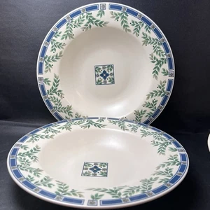 Set of 2 Pfaltzgraff Sylvan Court Rimmed Soup Bowls Blue Green Leaves USA VGUC - Picture 1 of 8