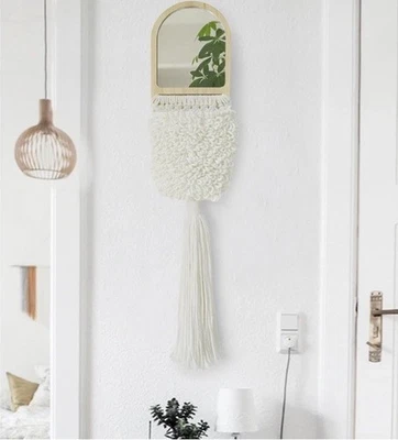 White Bohemian Wooden Mirror Home Decor Wall Cotton Boho Basket NEW Cottagecore - Image 1 of 4