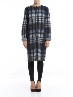 Abrigo Chaqueta Mujer Tory Burch Azul Gris Cuadros Cuero Mohair Bolsillos Talla M Foto 1 de 4