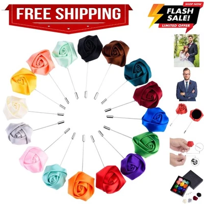 16 Pieces Flower Men's Lapel Pins Handmade Satin Boutonniere Pin for Suit Wed... - Image 1 of 4