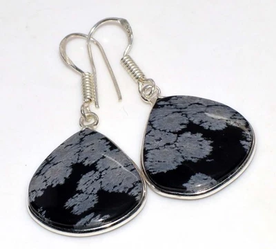 Pendientes hechos a mano enchapados en plata 925 de obsidiana copo de nieve 1,5" para mujer regalos GW Foto 1 de 3