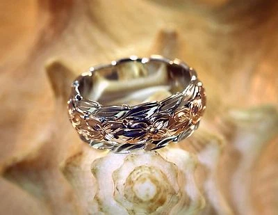 ANILLO DOBLE PLUMERIA HAWAIANA MAILE CHAPADO EN ORO ROSA RODIO 8 MM Foto 1 de 4