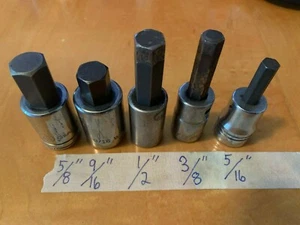 5 mixed brand, size,1/2" drive, Hex Head sockets 5/16" 3/8" 1/2" 9/16" 5/8" USA - Picture 1 of 3